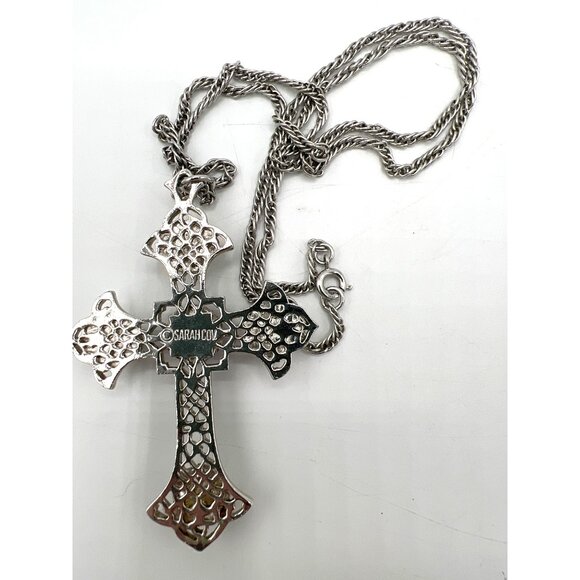 Sarah Coventry Crusaders Cross 24" Necklace Faux Pearls Purple Cabochon - Picture 3 of 5